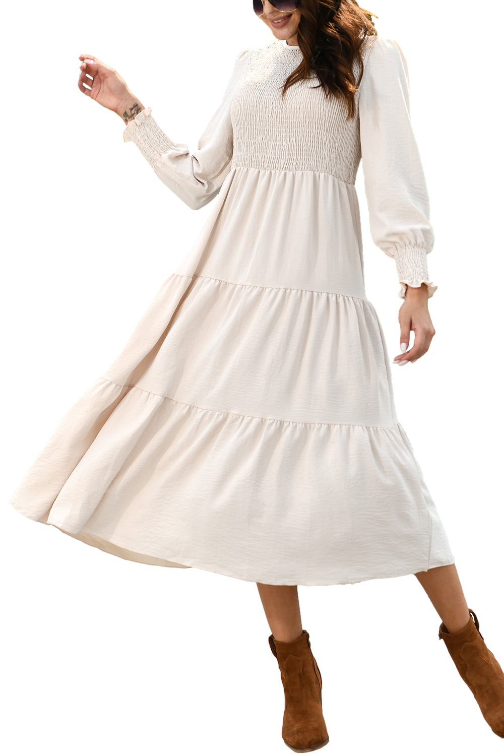 Walmart Mengpipi Womens Casual Long Sleeve Midi Dresses Smocked Flowy Tiered Dress Beige, Size 12-14