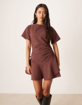 Threadbare long sleeve midi dress with poplin skirt in khaki