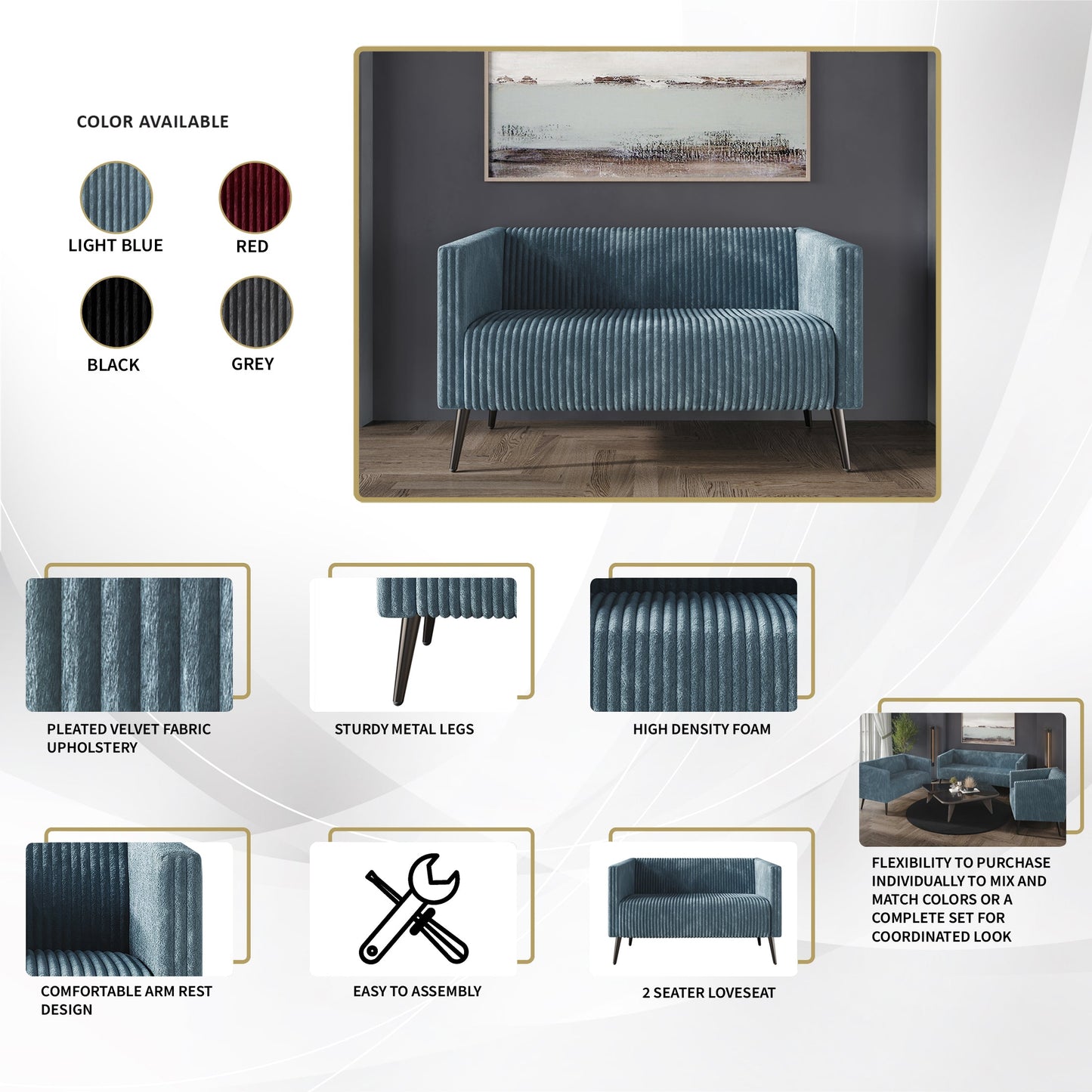Walmart Castle Place Luxurious Corduroy Velvet Upholstered Loveseat, Light Blue