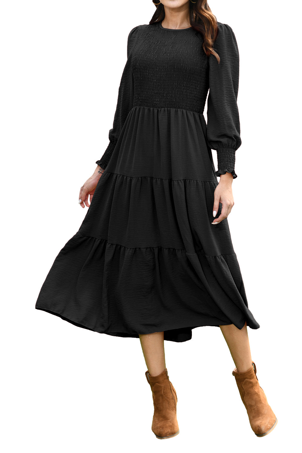 Walmart Mengpipi Womens Casual Long Sleeve Midi Dresses Smocked Flowy Tiered Dress Black, Size 12-14