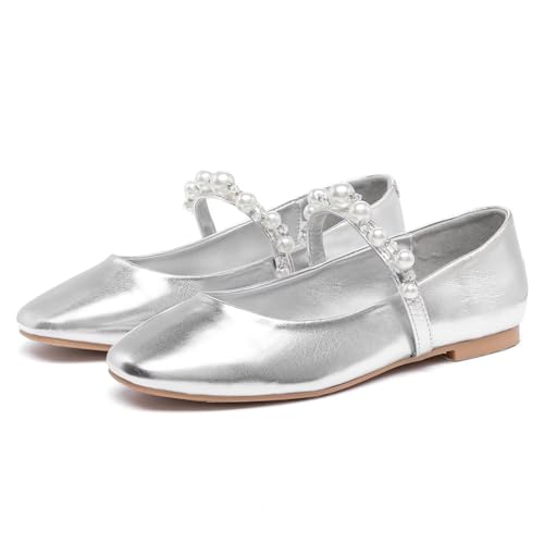 Amazon Lynweisy Women's Two-Tone Mary Jane Flats - Adjustable Buckle Strap Ballet Flats Shoes, Non-Slip Black/Silver Comfort Dress Flats