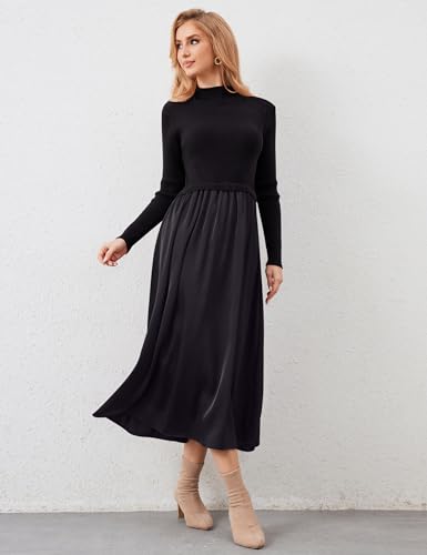 Amazon Women Long Sleeve Sweater Maxi Dress Patchwork Slim Fit Flowy Long Dresses Casual A-Line Knit High Neck Dress Fall