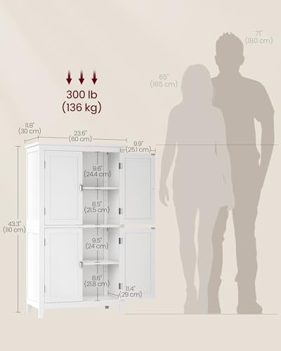 Amazon VASAGLE Bathroom Floor Storage Cabinet, Bathroom Storage Unit, Freestanding Cabinet with 4 Doors, Adjustable Shelves, 11.8 x 23.6 x 43.3 Inches, White UBBC552P31