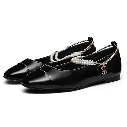 Amazon Lynweisy Women's Two-Tone Mary Jane Flats - Adjustable Buckle Strap Ballet Flats Shoes, Non-Slip Black/Silver Comfort Dress Flats