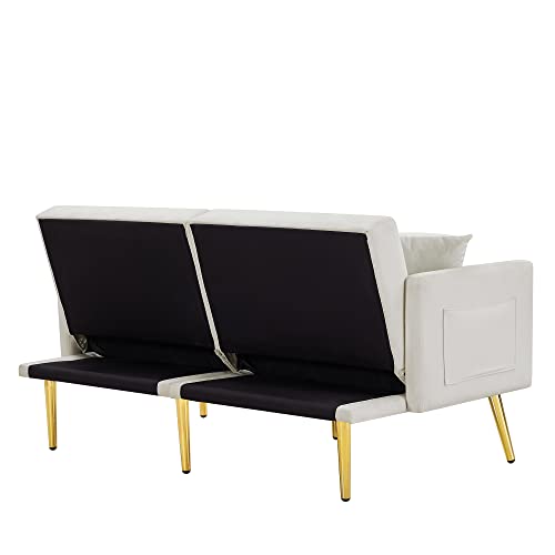 Amazon Velvet Tufted Futon Sofa Couch Bed Folding Convertible Loveseat Sleeper Sofabed Adjustable Reversible Love Seat Daybed Sofacama with Golden Metal Legs and 2 Pillows for Living Room Apartment Office