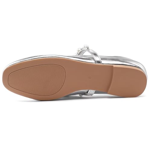 Amazon Lynweisy Women's Two-Tone Mary Jane Flats - Adjustable Buckle Strap Ballet Flats Shoes, Non-Slip Black/Silver Comfort Dress Flats