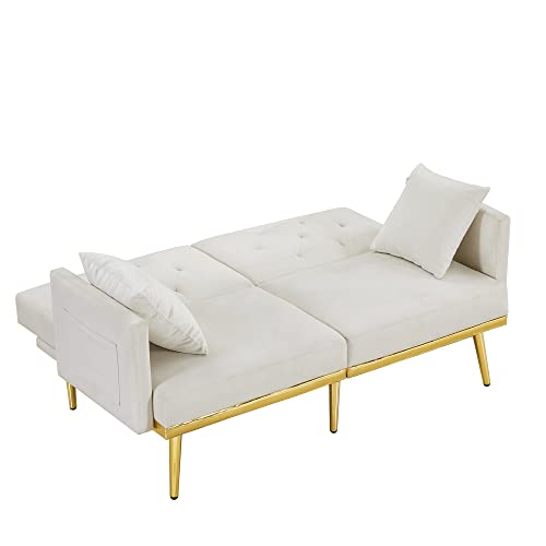 Amazon Velvet Tufted Futon Sofa Couch Bed Folding Convertible Loveseat Sleeper Sofabed Adjustable Reversible Love Seat Daybed Sofacama with Golden Metal Legs and 2 Pillows for Living Room Apartment Office
