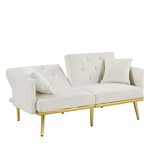 Amazon Velvet Tufted Futon Sofa Couch Bed Folding Convertible Loveseat Sleeper Sofabed Adjustable Reversible Love Seat Daybed Sofacama with Golden Metal Legs and 2 Pillows for Living Room Apartment Office