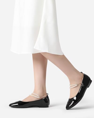 Amazon Lynweisy Women's Two-Tone Mary Jane Flats - Adjustable Buckle Strap Ballet Flats Shoes, Non-Slip Black/Silver Comfort Dress Flats