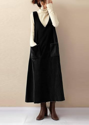 Amazon chouyatou Women's V-Neck Corduroy Overall Dress Jumper A-Line Midi Long Tank Pinafore Dress with Pockets