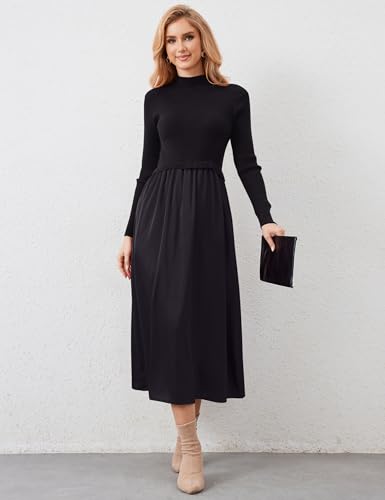 Amazon Women Long Sleeve Sweater Maxi Dress Patchwork Slim Fit Flowy Long Dresses Casual A-Line Knit High Neck Dress Fall