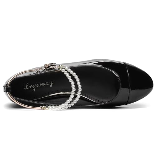 Amazon Lynweisy Women's Two-Tone Mary Jane Flats - Adjustable Buckle Strap Ballet Flats Shoes, Non-Slip Black/Silver Comfort Dress Flats