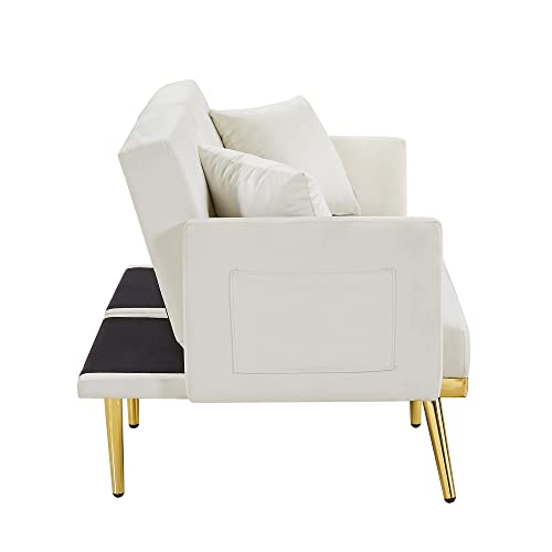 Amazon Velvet Tufted Futon Sofa Couch Bed Folding Convertible Loveseat Sleeper Sofabed Adjustable Reversible Love Seat Daybed Sofacama with Golden Metal Legs and 2 Pillows for Living Room Apartment Office