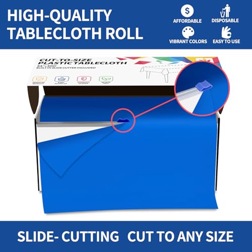 Amazon CXPSINC 54 Inch X 300 Feet Plastic Table Cover Roll Disposable Tablecloth with Slide Cutter for All Type/Shape Tables | Picnic, Party, Banquet, Birthdays, Weddings (Blue, 300 Feet)