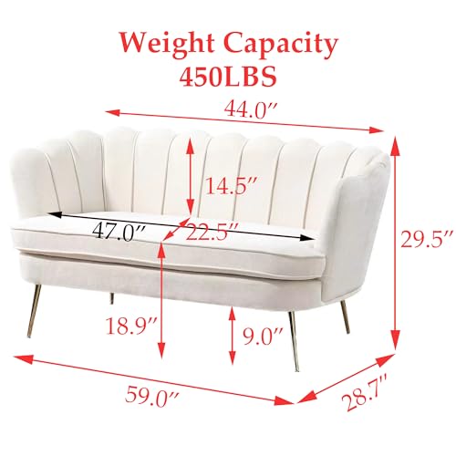 Amazon 59” Small Modern Chenille Loveseat Sofa, 2-Seater Sofa with Gold Metal Legs, Small Couch with Flower Shaped Back for Living Room Bedroom Office (Beige & Chenille)