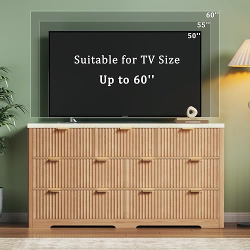 Amazon Fluted Dresser for Bedroom with 7 Drawers, 53'' Modern Dressers with Faux Marble Top, Mid Century Chests of Drawers with Gold Handle & Curved Profile, Natural Wood TV Dresser for Bedroom, Living Room