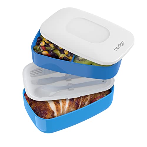 Bentgo Classic (Blue) - All-in-One Stackable Lunch Box Solution - Sleek and Modern Bento Box Design Includes 2 Stackable Containers, Built-in Plastic Silverware, and Sealing Strap
