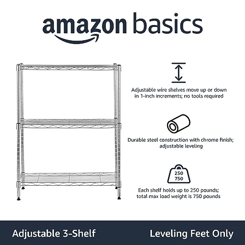 Amazon Basics 3-Shelf Narrow Adjustable, Heavy Duty Storage Shelving Unit (250 lbs loading capacity per shelf), Steel Organizer Wire Rack, Chrome, 23.2" L x 13.4" W x 30" H