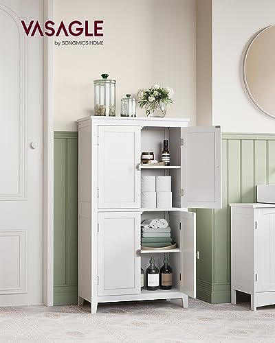 Amazon VASAGLE Bathroom Floor Storage Cabinet, Bathroom Storage Unit, Freestanding Cabinet with 4 Doors, Adjustable Shelves, 11.8 x 23.6 x 43.3 Inches, White UBBC552P31