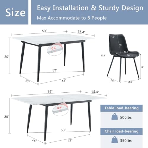 Amazon FURNITO 7 Piece Dining Table Set, 59"-75" Extendable Dining Room Table Set with 6 Upholstered Chairs, White Kitchen Table Chairs Set for Living Room, Apartment, Easy to Assemble