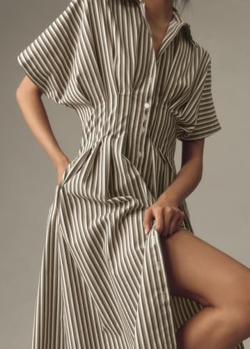 Amazon chouyatou Women's Contrast Color Striped Shirt Dress Pleated Button Down Maxi Long Tunic Dress