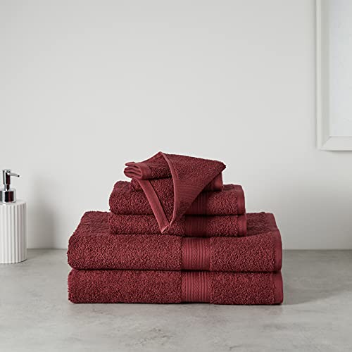 Amazon Amazon Basics Soft Bath Towels set , Absorbent Fade Resistant 100% Cotton washcloths 6 Pieces (12" x 12"), Perfect face towels, fingertip towels, Crimson