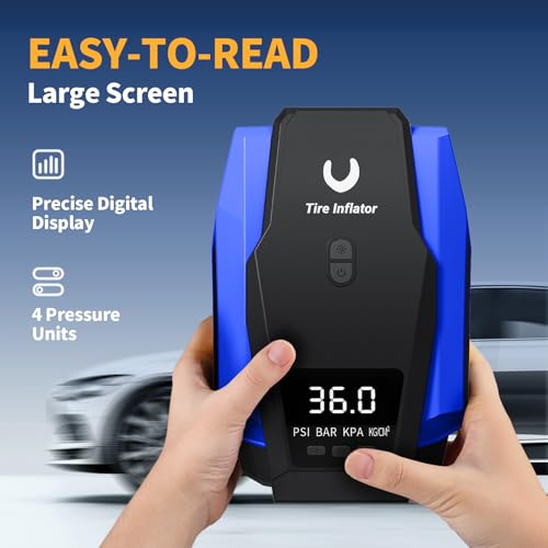 Amazon Tire Inflator Portable Air Compressor - Air Pump for Car Tires - 12V DC Tire Pump with Auto Shutoff Function & LED Light for Cars, Bicycles, Motorcycles, Blue, Large