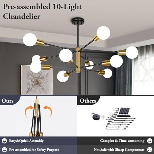 Clip coupon - Amazon BesLowe 10-Light Modern Sputnik Chandelier, Mid Century Black & Gold Chandeliers Lighting, Farmhouse Ceiling Hanging Light Fixture for Dining Room Bedroom Living Room Kitchen Foyer, Height Adjustable