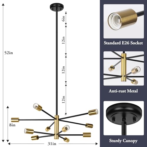 Clip coupon - Amazon BesLowe 10-Light Modern Sputnik Chandelier, Mid Century Black & Gold Chandeliers Lighting, Farmhouse Ceiling Hanging Light Fixture for Dining Room Bedroom Living Room Kitchen Foyer, Height Adjustable