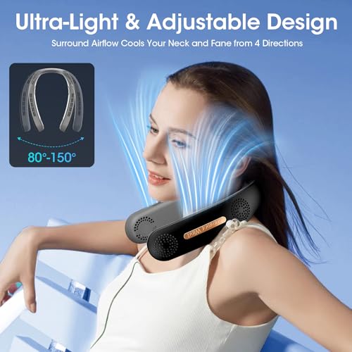 Amazon OLV Neck Fan 4 Turbo 6000mAh Portable 360 Cooling Airflow Bladeless USB Rechargeable Neck Fan with 3 Speeds Adjustment for Outdoor Travel Indoor - Black