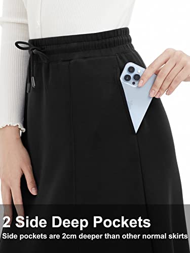 High Waisted Skirts for Women with Pockets Midi Length A-Line Skirt Drawstring Elastic Waist Maxi Skirts S-2XL