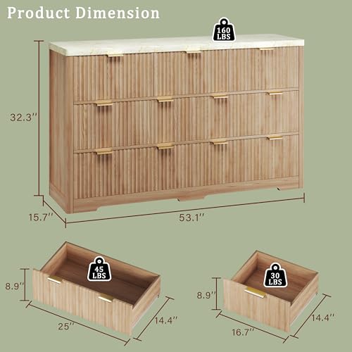Amazon Fluted Dresser for Bedroom with 7 Drawers, 53'' Modern Dressers with Faux Marble Top, Mid Century Chests of Drawers with Gold Handle & Curved Profile, Natural Wood TV Dresser for Bedroom, Living Room