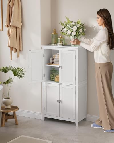 Amazon VASAGLE Bathroom Floor Storage Cabinet, Bathroom Storage Unit, Freestanding Cabinet with 4 Doors, Adjustable Shelves, 11.8 x 23.6 x 43.3 Inches, White UBBC552P31