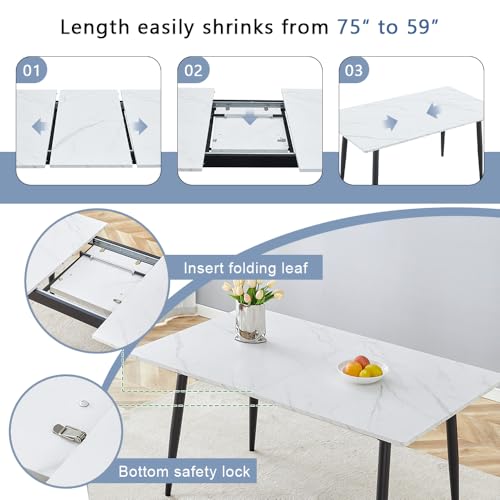 Amazon FURNITO 7 Piece Dining Table Set, 59"-75" Extendable Dining Room Table Set with 6 Upholstered Chairs, White Kitchen Table Chairs Set for Living Room, Apartment, Easy to Assemble