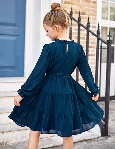 Amazon Arshiner Girls Long Sleeve Dress Tween Fall Formal Party Holiday Midi Tiered Flowy Swing Dresses with Belt 5-13 Y