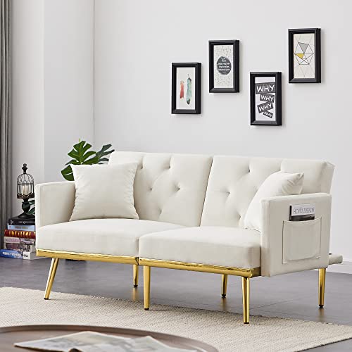 Amazon Velvet Tufted Futon Sofa Couch Bed Folding Convertible Loveseat Sleeper Sofabed Adjustable Reversible Love Seat Daybed Sofacama with Golden Metal Legs and 2 Pillows for Living Room Apartment Office
