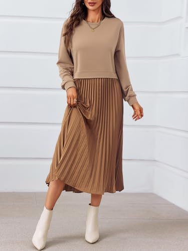 Amazon Wenrine Womens Sweatshirt Dress Casual Patchwork Long Sleeve Crewneck Pleated Fall Maxi Dresses