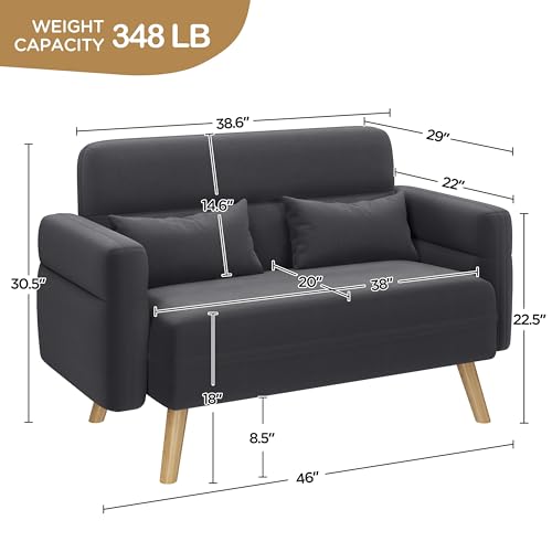 Amazon Yaheetech 46" Small Modern Fabric Sofa Loveseat Mid Century 2 Seater Sofa Couch with Lumbar Pillows, Solid Wood Legs for Living Room, Small Space, Dorm, Office, Bedroom, Dark Gray