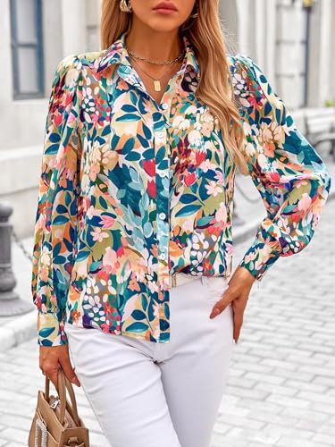 Amazon PRETTYGARDEN Women's Floral Blouses Dressy Casual V Neck Button Down Shirts Lantern Long Sleeve Boho Chiffon Fall Tops 2025