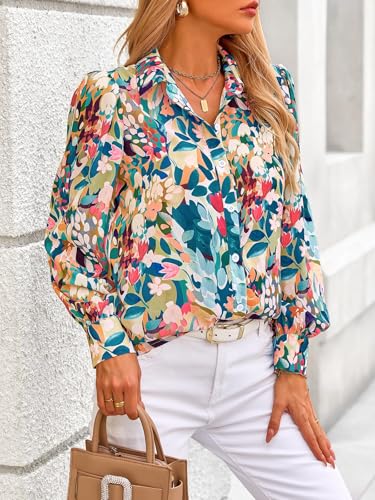 Amazon PRETTYGARDEN Women's Floral Blouses Dressy Casual V Neck Button Down Shirts Lantern Long Sleeve Boho Chiffon Fall Tops 2025