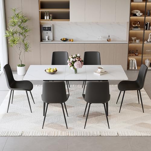 Amazon FURNITO 7 Piece Dining Table Set, 59"-75" Extendable Dining Room Table Set with 6 Upholstered Chairs, White Kitchen Table Chairs Set for Living Room, Apartment, Easy to Assemble