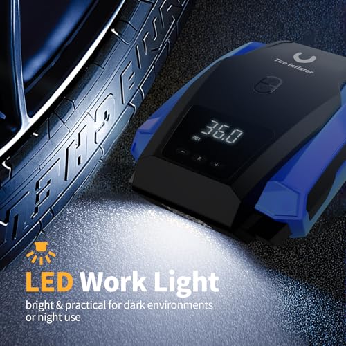 Amazon Tire Inflator Portable Air Compressor - Air Pump for Car Tires - 12V DC Tire Pump with Auto Shutoff Function & LED Light for Cars, Bicycles, Motorcycles, Blue, Large