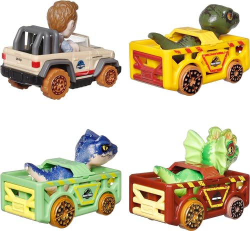 Hot Wheels Toy Cars, RacerVerse 4-Pack of Die-Cast Vehicles Featuring Jurassic World Characters Charlie, Owen, Dilophosaurus & Allosaurus as Drivers