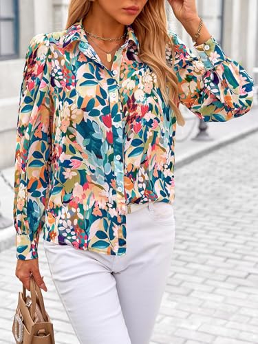Amazon PRETTYGARDEN Women's Floral Blouses Dressy Casual V Neck Button Down Shirts Lantern Long Sleeve Boho Chiffon Fall Tops 2025
