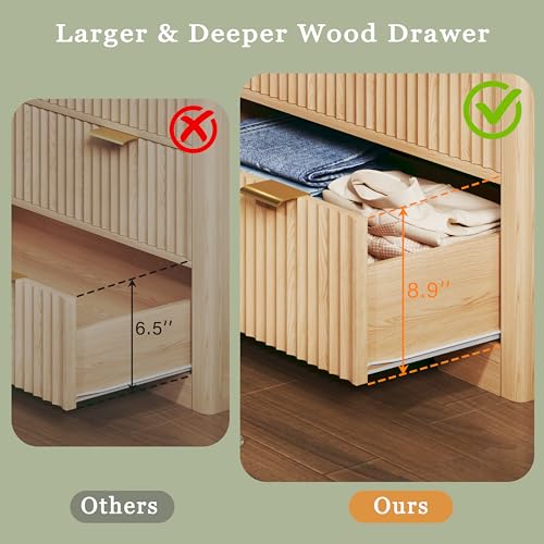 Amazon Fluted Dresser for Bedroom with 7 Drawers, 53'' Modern Dressers with Faux Marble Top, Mid Century Chests of Drawers with Gold Handle & Curved Profile, Natural Wood TV Dresser for Bedroom, Living Room