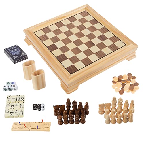 Board Game Set - Deluxe 7-in-1 Classic Board Games for All Ages - Wood Game Center with Storage - Chess, Backgammon, Dominos, Checkers, Dice Set, Cribbage Board, and Playing Cards by Trademark Games