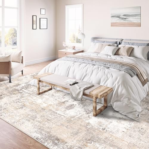 Amazon 6x9 Washable Area Rug Beige Grey Neutral Abstract Living Room Bedroom Large Throw Rug Non Slip Soft Low Pile Indoor Floor Carpet for Dining Room Kitchen Office Entryway