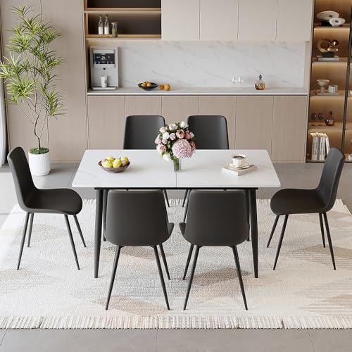 Amazon FURNITO 7 Piece Dining Table Set, 59"-75" Extendable Dining Room Table Set with 6 Upholstered Chairs, White Kitchen Table Chairs Set for Living Room, Apartment, Easy to Assemble