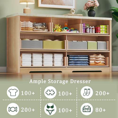 Amazon Fluted Dresser for Bedroom with 7 Drawers, 53'' Modern Dressers with Faux Marble Top, Mid Century Chests of Drawers with Gold Handle & Curved Profile, Natural Wood TV Dresser for Bedroom, Living Room