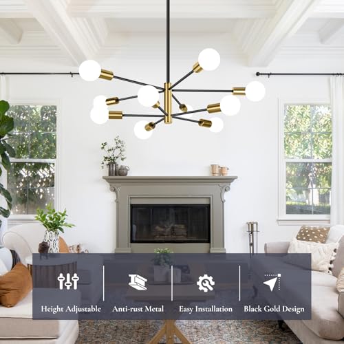 Clip coupon - Amazon BesLowe 10-Light Modern Sputnik Chandelier, Mid Century Black & Gold Chandeliers Lighting, Farmhouse Ceiling Hanging Light Fixture for Dining Room Bedroom Living Room Kitchen Foyer, Height Adjustable